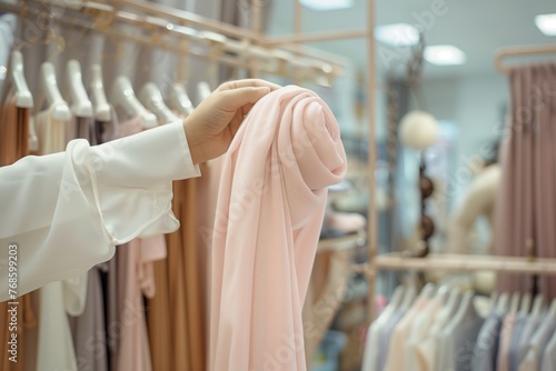 person adjusting a light pink hijab on a rack in a boutique setting