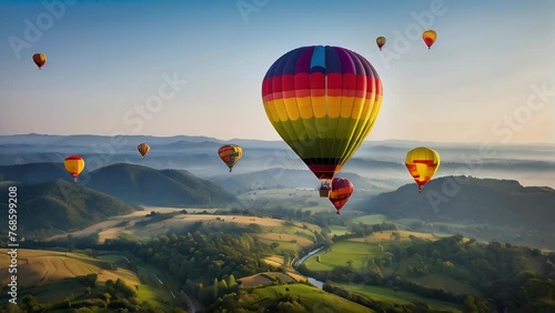 Hot air balloons over rolling hill landscape