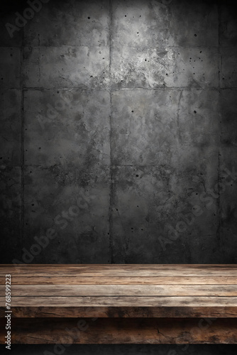 Old wood table with blurred concrete block wall in dark room background