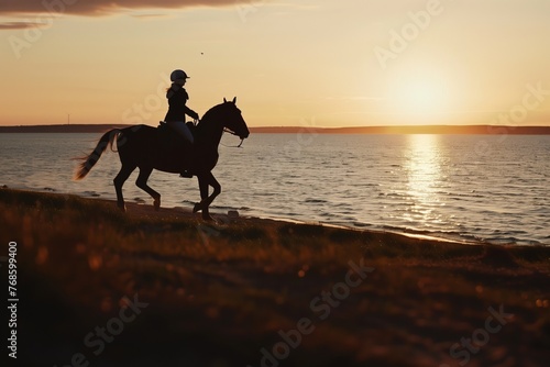 person riding horse along shoreline at sunset