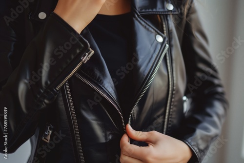 person zipping up a leather jacket  closeup on hands and zipper