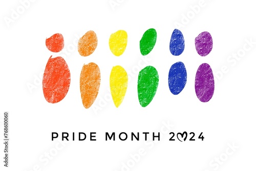 Rainbow drawing of LGBT people on white background with texts 'Pride Month 2024', concept for celebrating, supporting and attending the pride month events of LGBTQ+ people around the world.