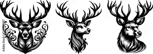 deer heads silhouette in elegant black vector laser cutting engraving