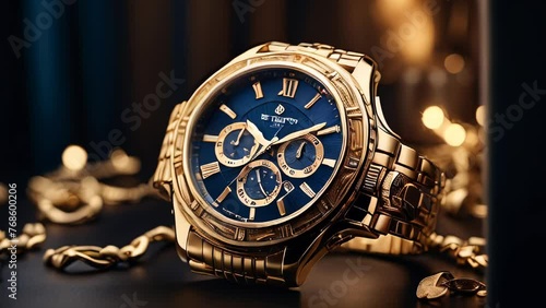 Sophisticated blue-faced watch with gold band photo
