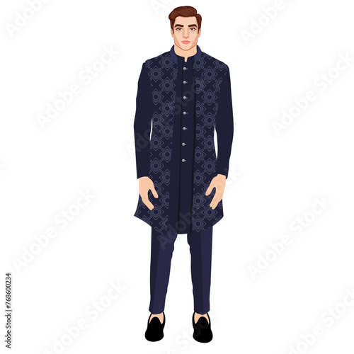 Indian Man Standing Wearing Royal Sherwani 