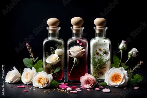 tincture of herbs and flowers in a bottle on a black background