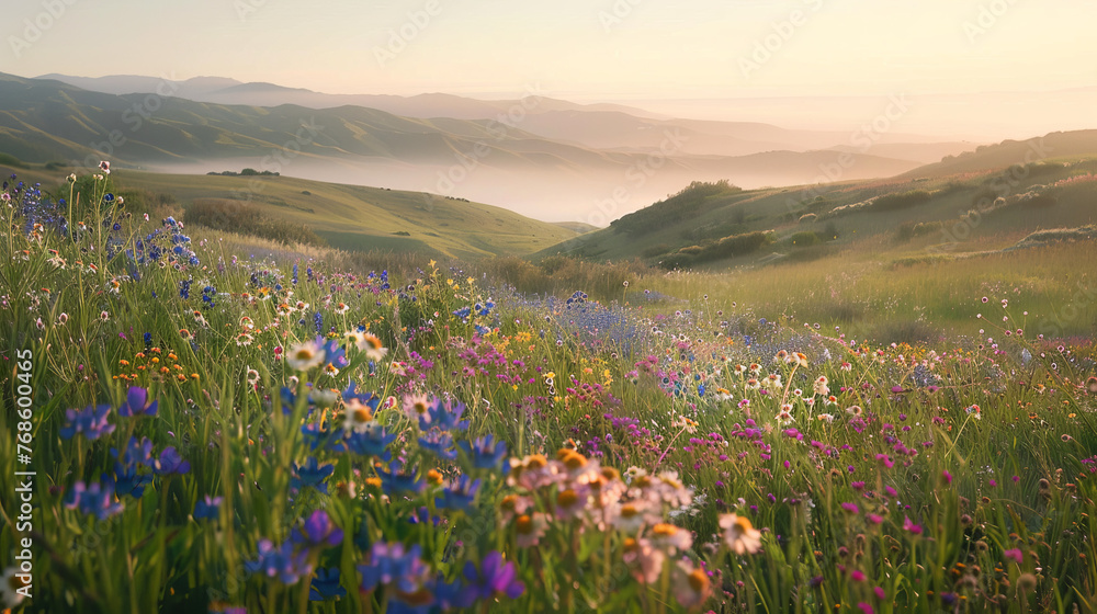 Obraz premium Captivating wildflowers in full bloom set against a backdrop of rolling hills and soft morning mist