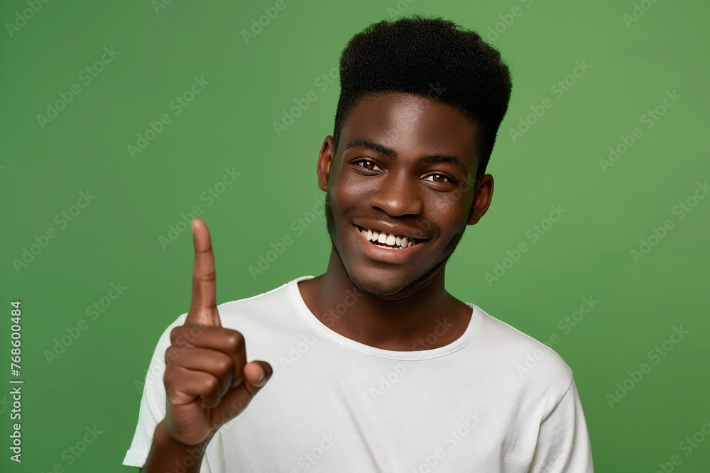 African american male person with toothy smile on face pointing with index finger on empty space over green background. Handsome young guy indicating place for advertising text in studio African american male person with toothy smile on face pointing with index finger on empty space over green background. Handsome young guy indicating place for advertising text in studio