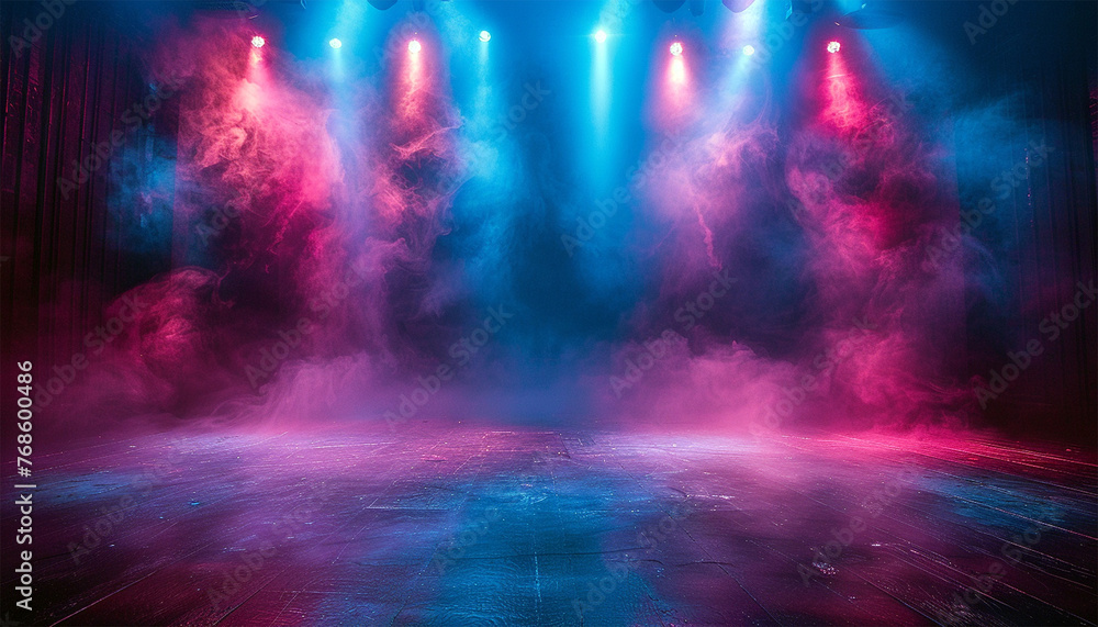 Stage light with smoke neon colors. Purple and blue. Laser neon red and blue light rays flash and glow. Festive concert club and music hall abstract 3D animation for pop, rock, rap music show. 