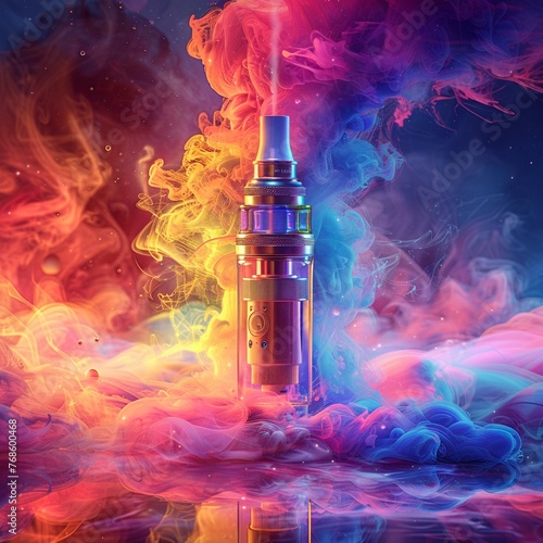 A vibrant illustration of a highperformance ecigarette equipped with a custom drip tip and a stateoftheart coil system, designed for maximum vapor production, surrounded by swirling clouds of colorful