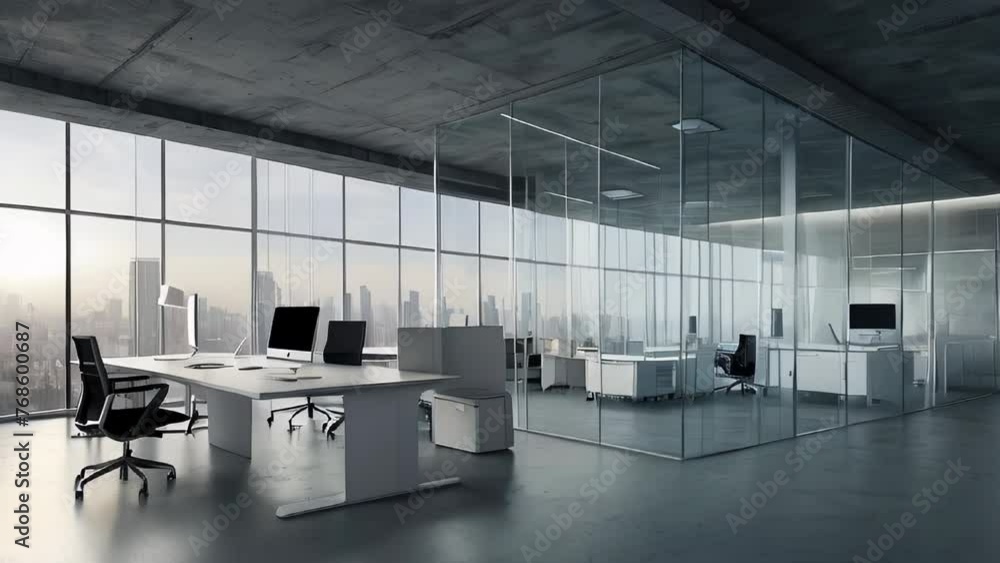 Sleek, modern office space with glass walls and city views Sleek, modern office space with glass walls and city views