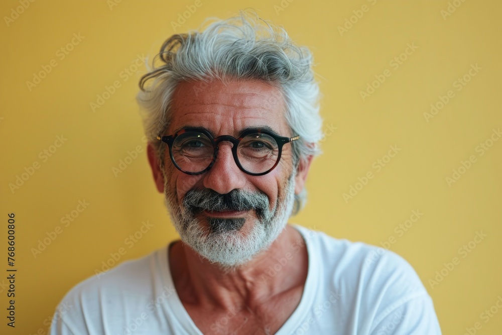 Portrait of a senior man with gray hair and glasses on a yellow background Portrait of a senior man with gray hair and glasses on a yellow background