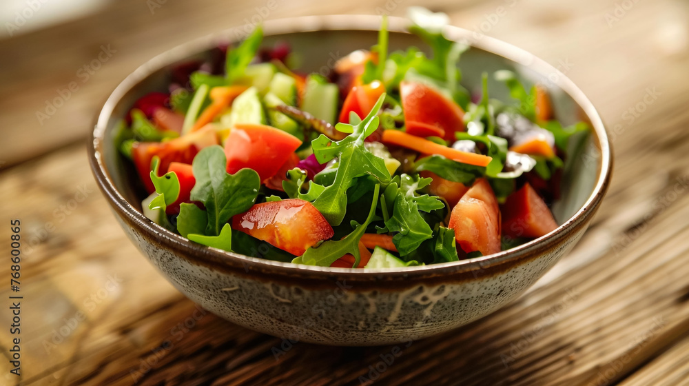 A bowl of salad with lettuce, tomatoes, and carrots
