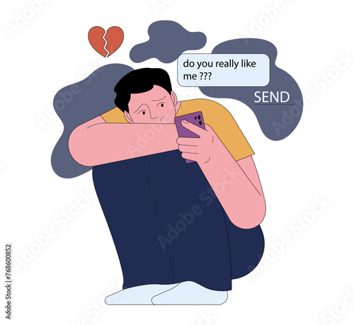 Fear of being unloved. Insecure and sad young man texting to his lover.