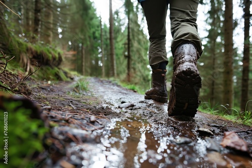 hiker with muddy boots walking on a wet forest path