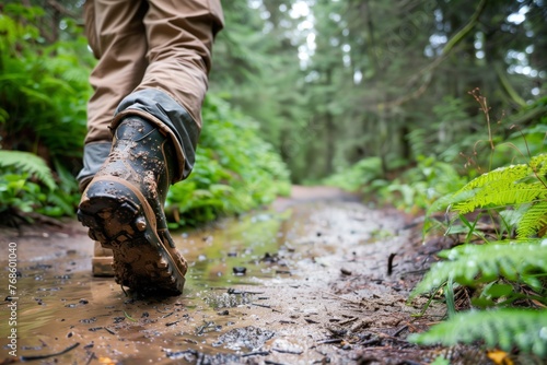 hiker with muddy boots walking on a wet forest path