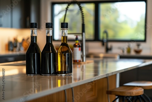 sleek oil and vinegar bottles on a kitchen island with bar stools