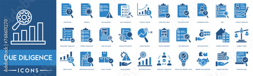 Due diligence icon. Investigation, Research, Risk Assessment, Legal Examination, Financial Analysis, Compliance Check, Document Review, Background Check, Audit and Contract Inspection icon set.