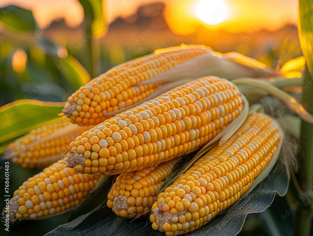 ears of corn on corn field against the sunset sky ears of corn on corn field against the sunset sky