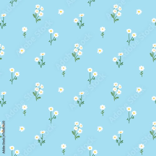 Seamless Pattern of Hand Drawn Flower Design on Light Blue Background