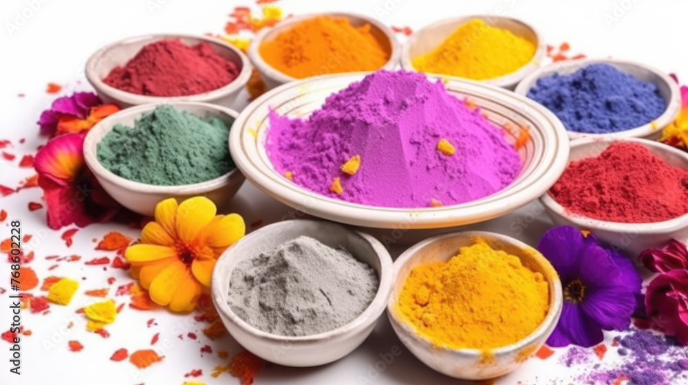 Naklejka premium Assorted bright powder dyes in bowls, surrounded by fresh flowers.