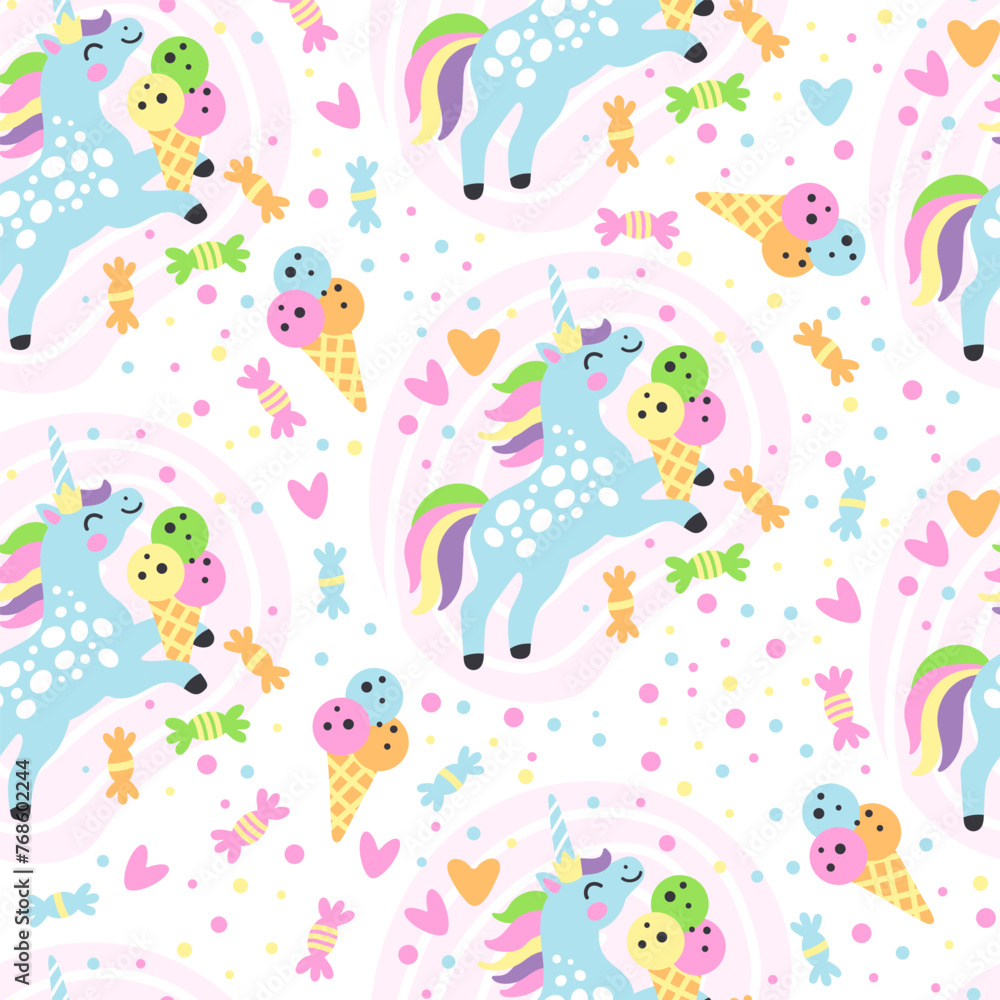 Seamless pattern doodle unicorns and candy vector illustration