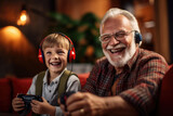 Grandfather and boy with headsets immersed in fun video game