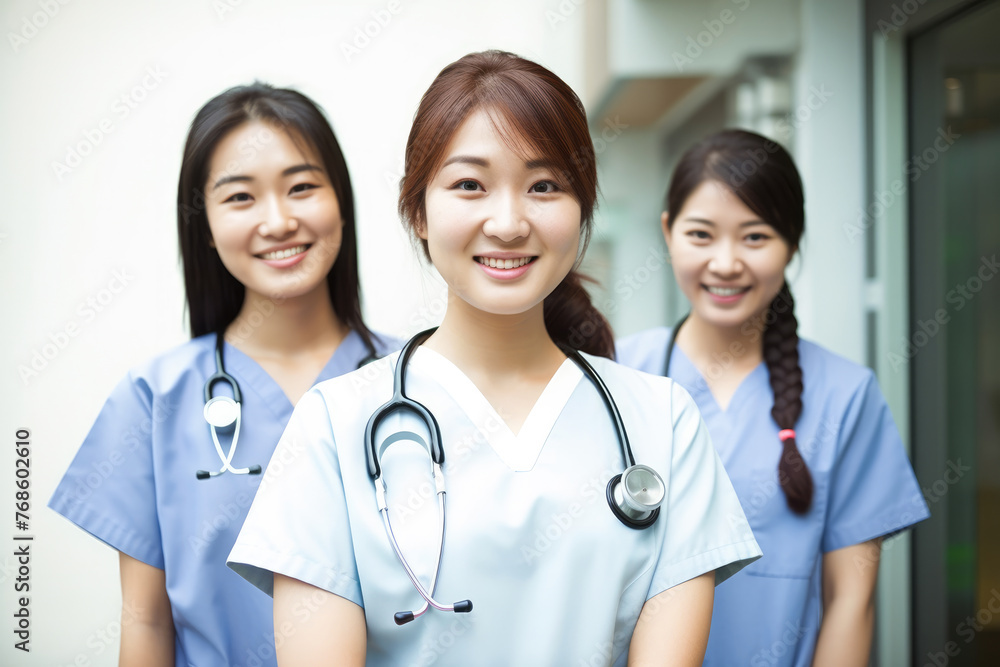 Three cheerful female nurses in blue scrubs posing with confidence and care. Three cheerful female nurses in blue scrubs posing with confidence and care.