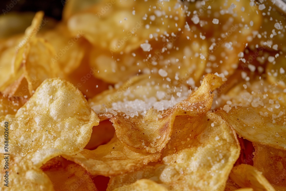 closeup of potato chips being seasoned with salt closeup of potato chips being seasoned with salt
