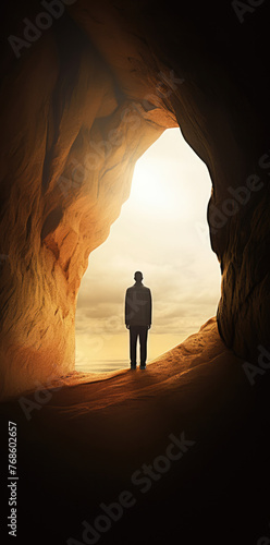 Silhouette of a man facing the ocean from a cave entrance.