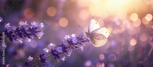 A white butterfly flitting above a lavender flower, illuminated by the sun to create beautiful bokeh effects, captured through selective focus in macro photography. © Emin