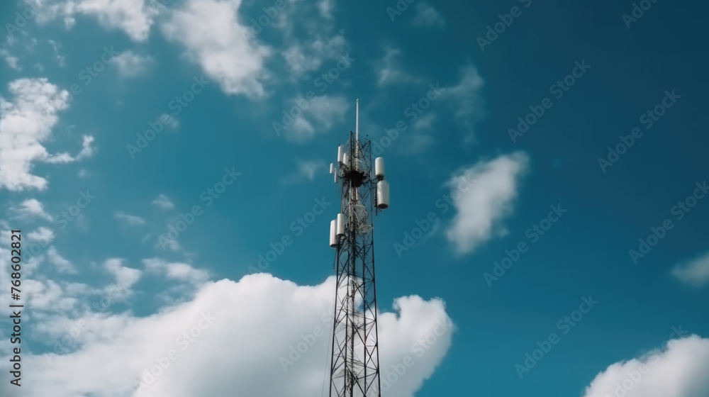 Communication tower rising high with antennas and dishes Communication tower rising high with antennas and dishes