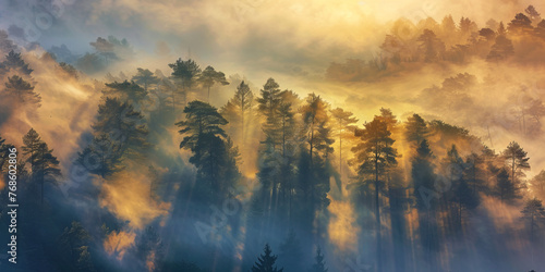 This stunning image features intense sunrays piercing the early morning mist, emphasizing the lush greenery of a dense forest photo