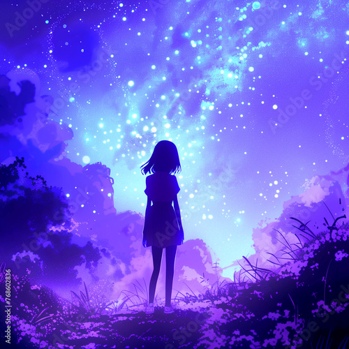 Anime illustrator style girl in space. All in purple and blue neon glowing colors with galactic dust. 