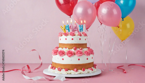 birthday cake with balloons colorful background