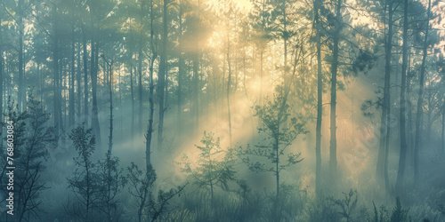 A captivating image capturing the ethereal beauty of sunlight filtering through a misty forest, creating a magical atmosphere