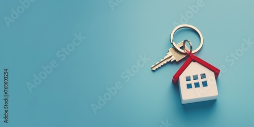 Flat lay of a keychain in the shape of a house with copy space on a blue background, reminiscent of a real estate idea. Top view banner design, corporate business web poster template  photo