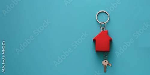 Flat lay of a keychain in the shape of a house with copy space on a blue background, reminiscent of a real estate idea. Top view banner design, corporate business web poster template  photo