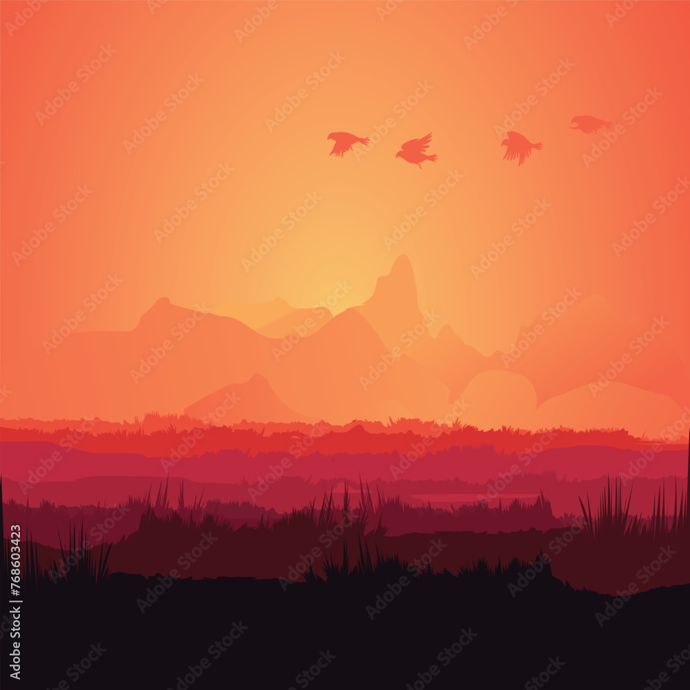 sunset over the mountains or hills