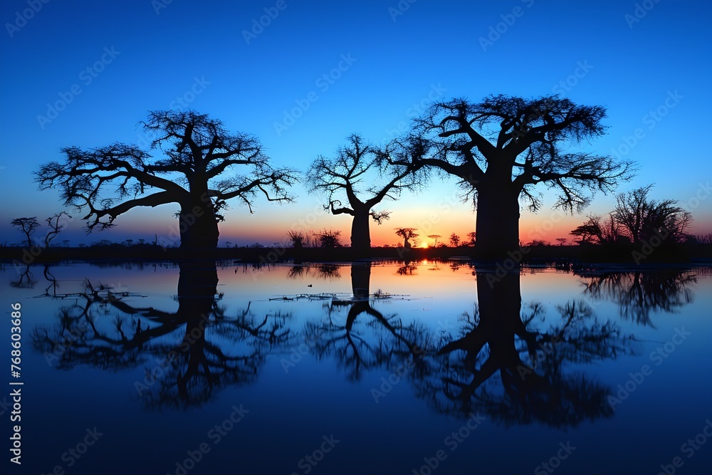 Serenity at Sunset, Baobab Trees Silhouetted Against Warm Skies Over Calm Water. Reflective Scenery Art. Generative AI