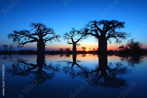 Serenity at Sunset, Baobab Trees Silhouetted Against Warm Skies Over Calm Water. Reflective Scenery Art. Generative AI © Olsek