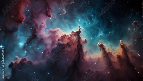 Colorful cosmic nebula and starfield, concept of deep space exploration. photo