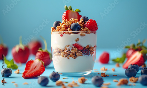 Natural yogurt in jar, fresh strawberries and blueberries, homemade granola on light table and blue background