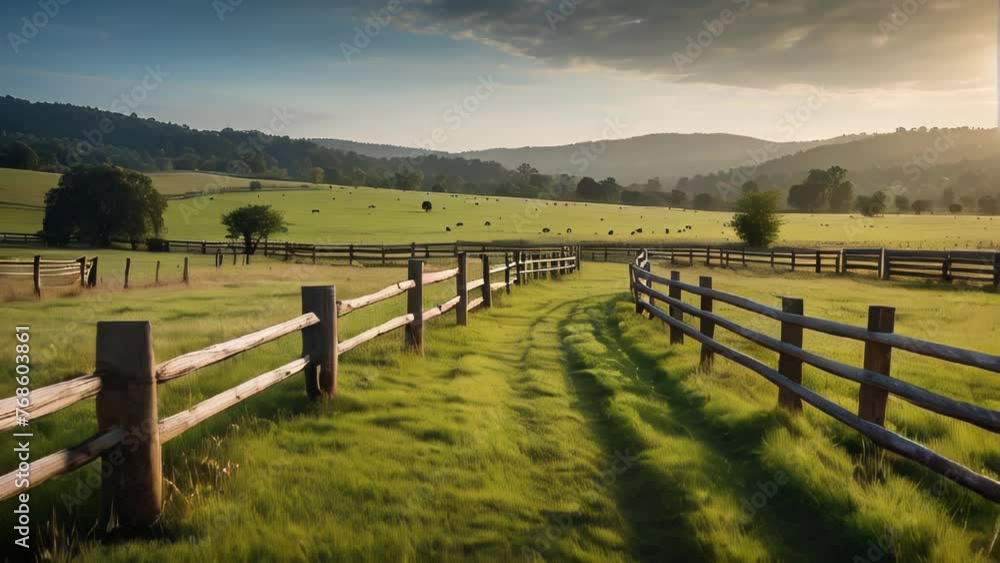 Pastoral sunset scene with fences and rolling green hills, evokes relaxation and nature. Pastoral sunset scene with fences and rolling green hills, evokes relaxation and nature.