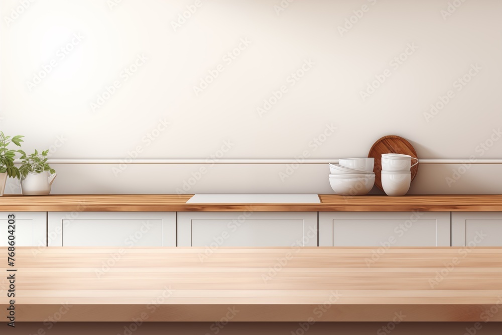 Wooden table in front of modern kitchen room interior background in pastel tones. Product display table Wooden table in front of modern kitchen room interior background in pastel tones. Product display table