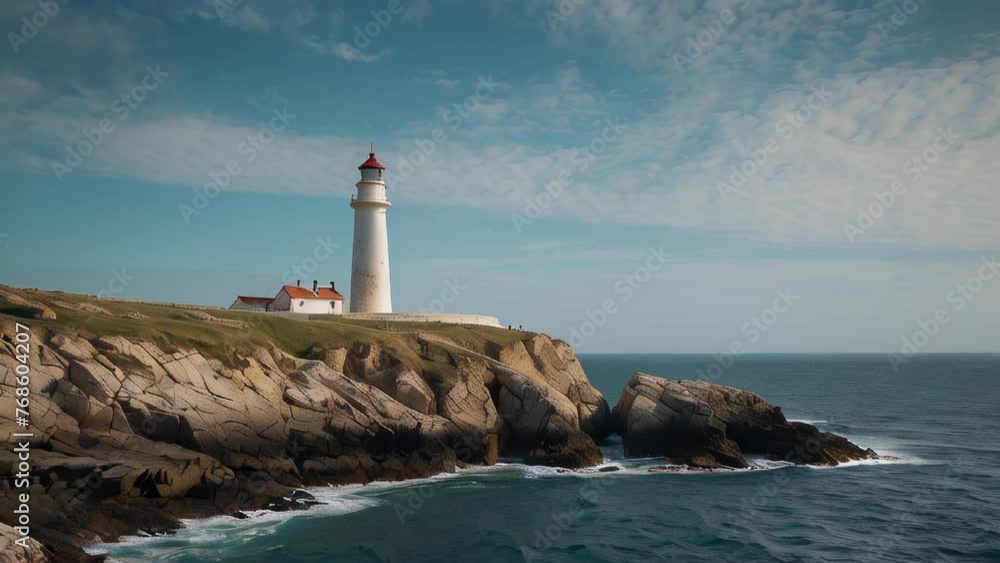 Beautiful lighthouse on a rocky coast during a clear day, representing navigation and safety. Beautiful lighthouse on a rocky coast during a clear day, representing navigation and safety.