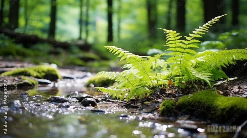 Obraz premium River with fern leaf on the shore in green wild deep forest. Nature background. Environment , eco living concept