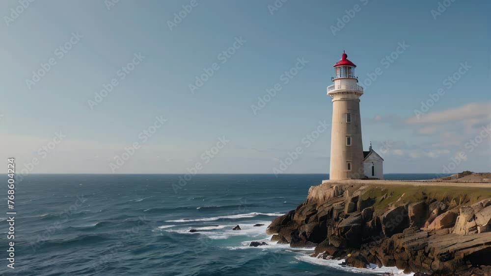 A lighthouse stands tall on a cliff overlooking the ocean, concept of maritime navigation. A lighthouse stands tall on a cliff overlooking the ocean, concept of maritime navigation.