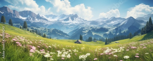 Mountain landscape banner with blooming meadow in springtime or summer. Spring flowers field. Idyllic view, natural background