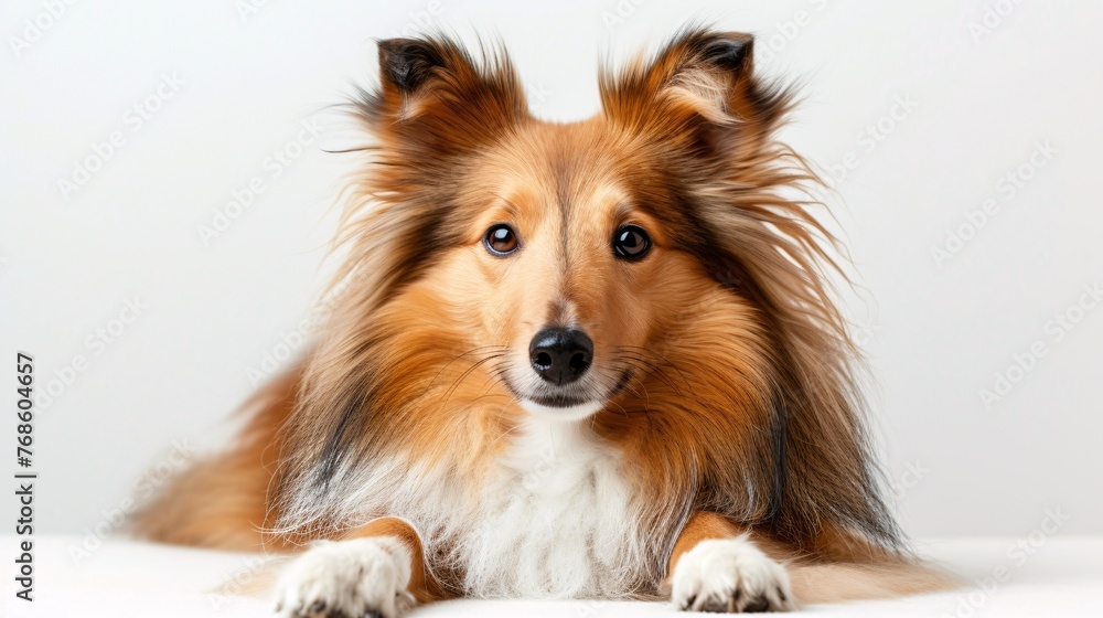A pristine shetland canine posing against a blank backdrop. A pristine shetland canine posing against a blank backdrop.